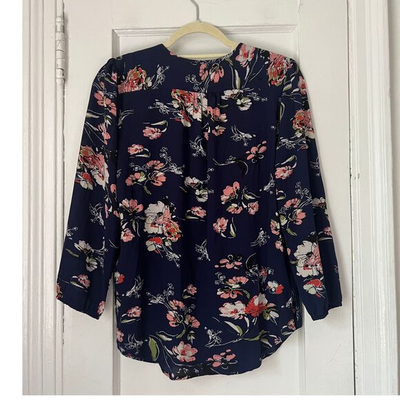 FUN2FUN Blouse Kinny Split Neck Women's Size S Navy Blue Floral Top 3/4 Sleeve - Picture 2 of 7